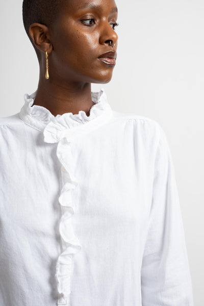 Amber Ruffle Shirt in White Cotton Silk