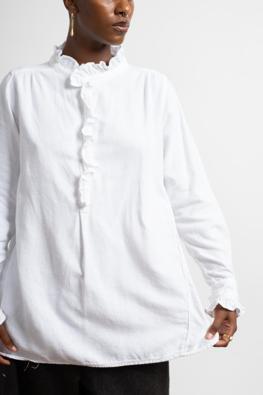 Amber Ruffle Shirt in White Cotton Silk