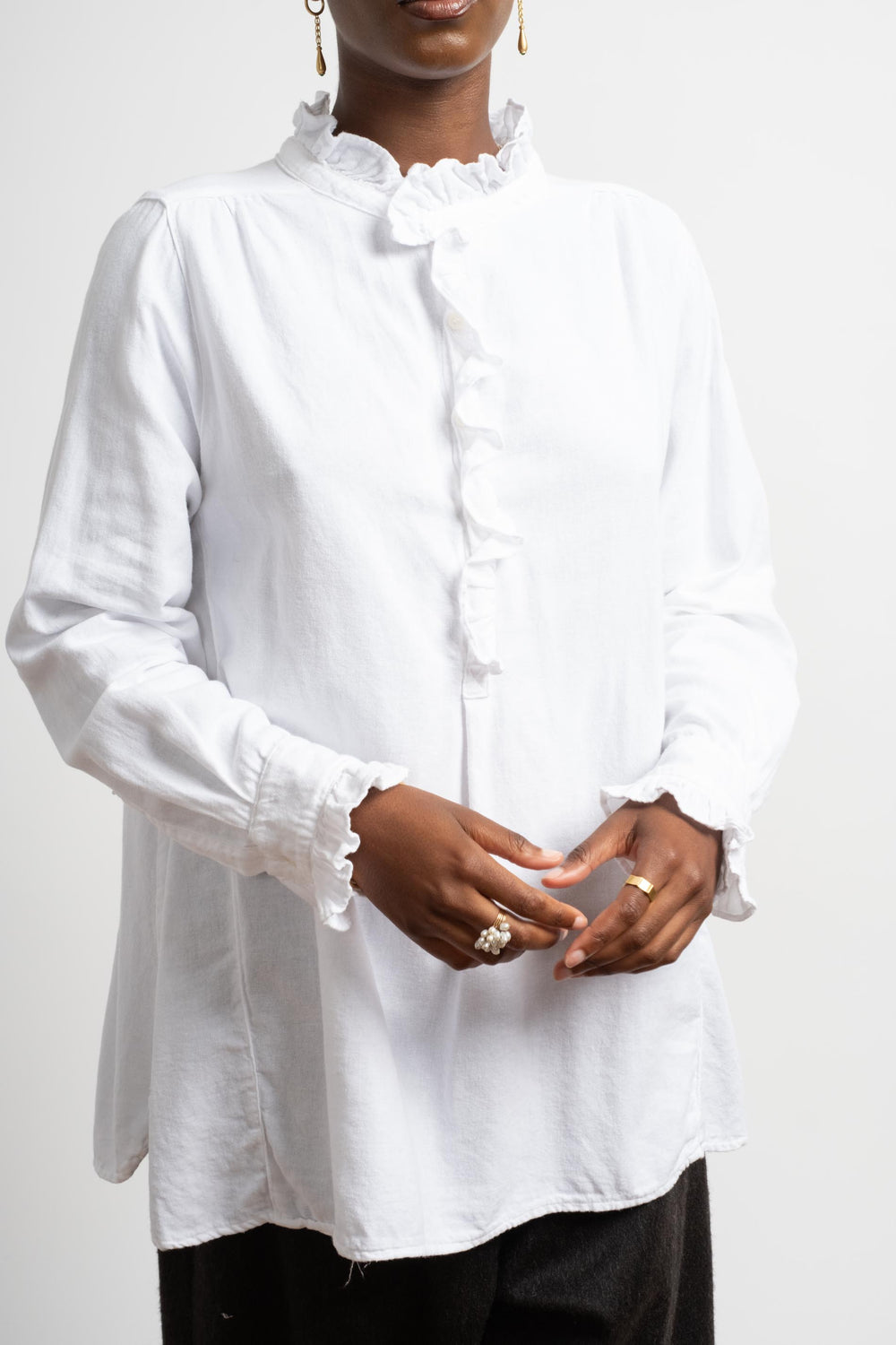 Amber Ruffle Shirt in White Cotton Silk