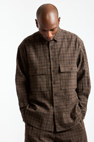 Big Shirt Kasuri Wool Check in Brown, Beige + Navy
