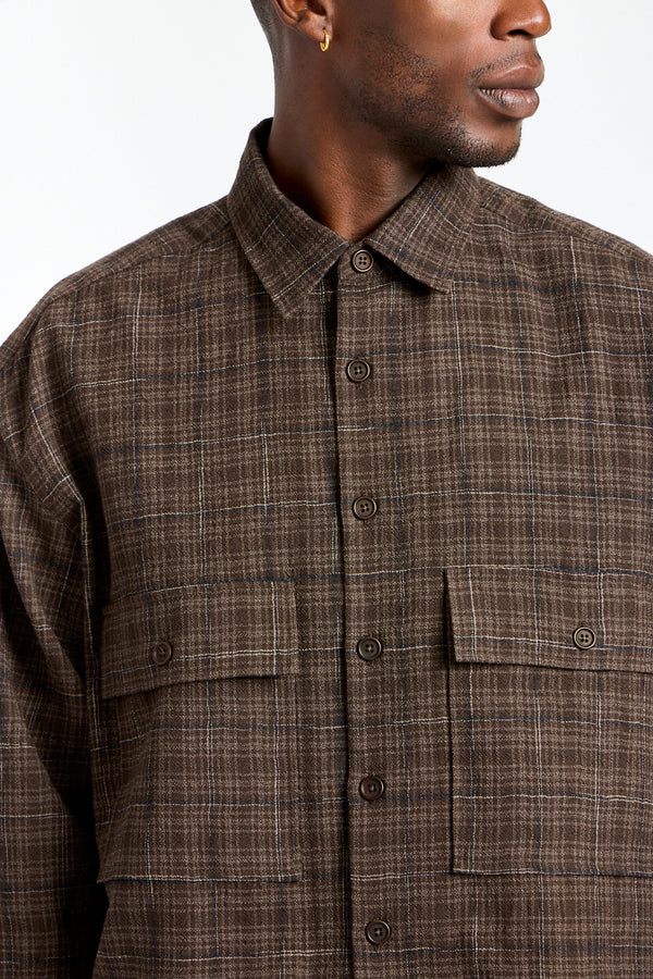 Big Shirt Kasuri Wool Check in Brown, Beige + Navy
