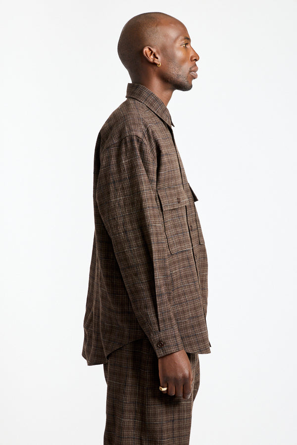 Big Shirt Kasuri Wool Check in Brown, Beige + Navy