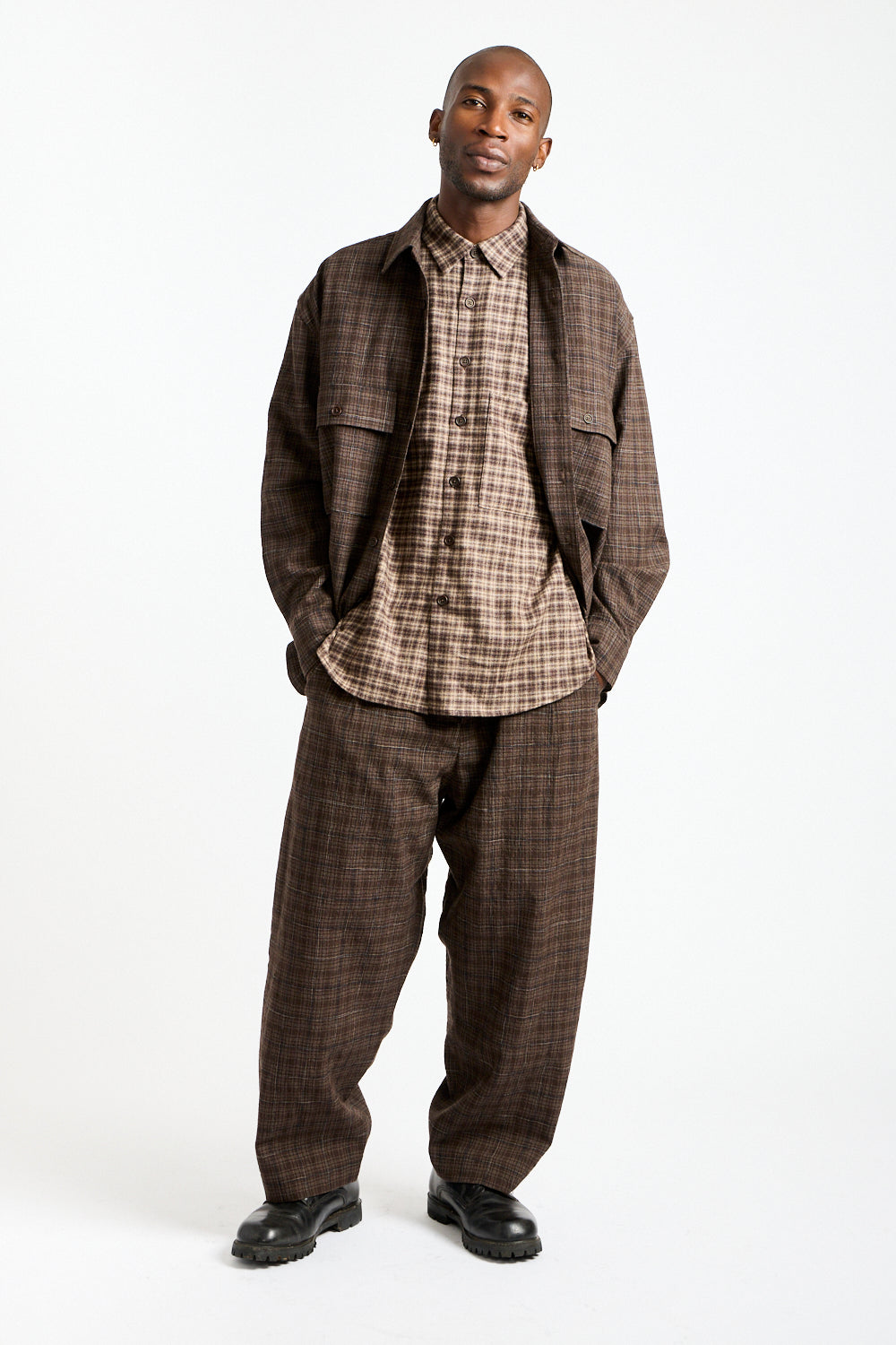Big Shirt Kasuri Wool Check in Brown, Beige + Navy