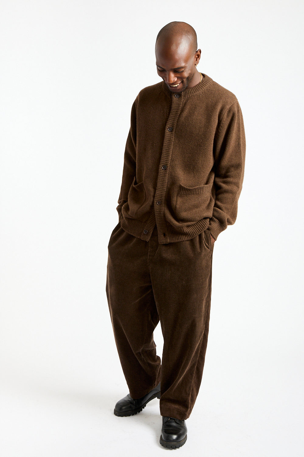 Crewneck Cardigan Undyed Yak Wool in Dark Brown