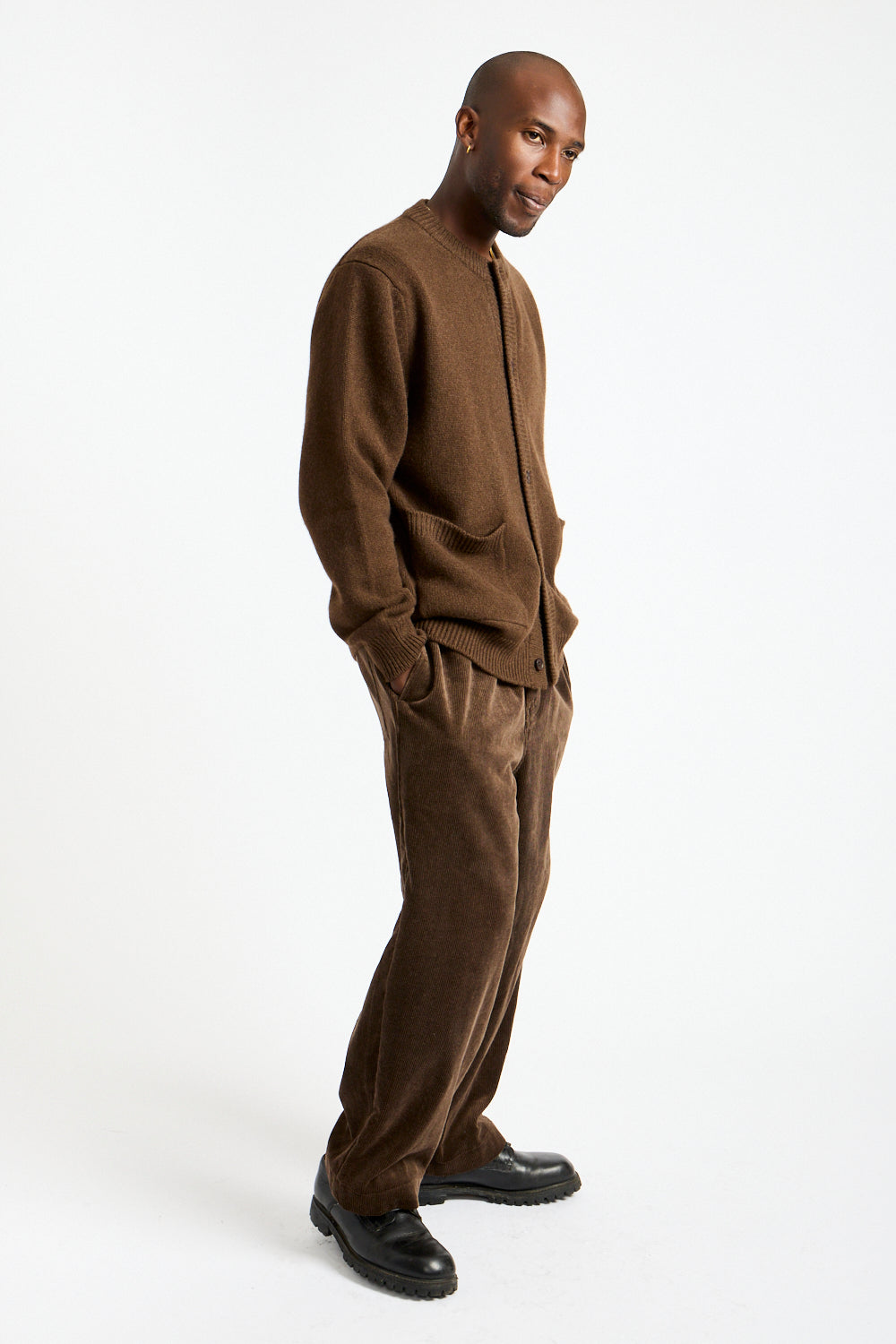 Crewneck Cardigan Undyed Yak Wool in Dark Brown