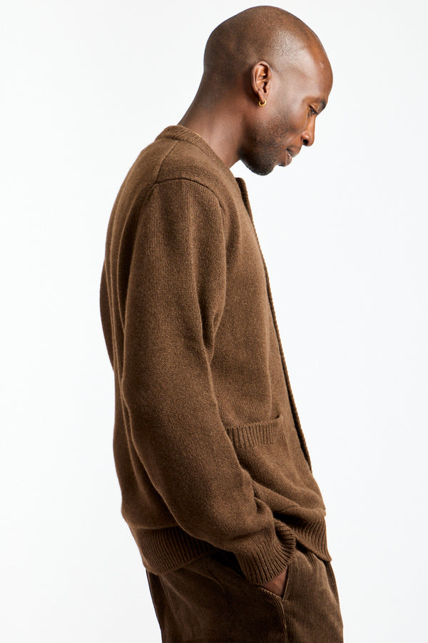 Crewneck Cardigan Undyed Yak Wool in Dark Brown