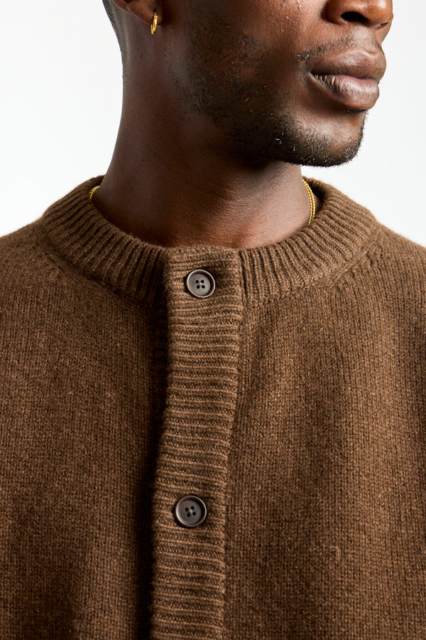 Crewneck Cardigan Undyed Yak Wool in Dark Brown