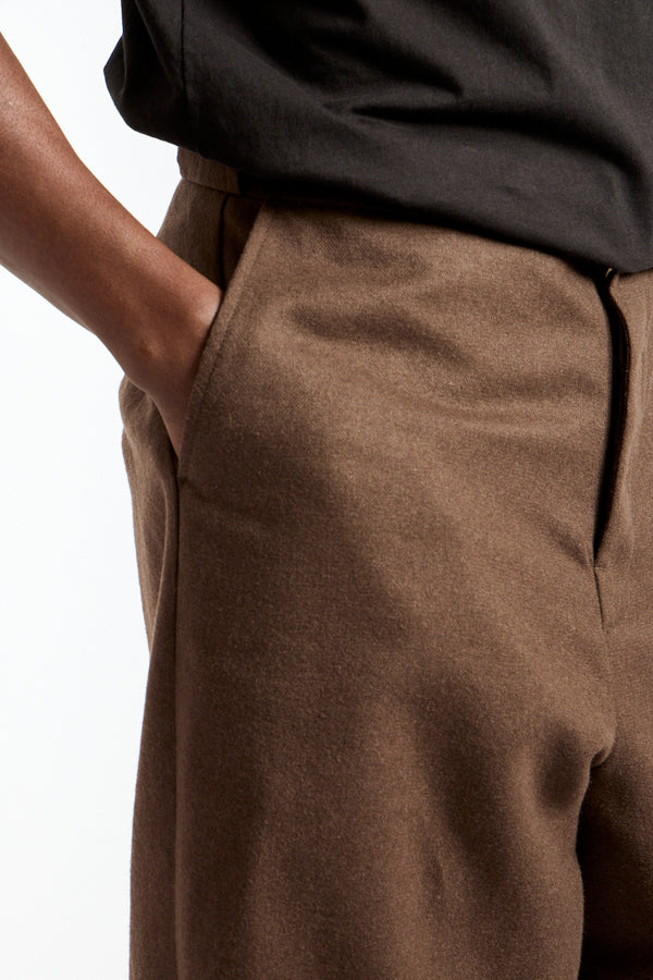 Flat Front Pant Brushed Wool, Cotton + Linen in Dark Olive