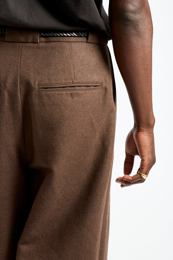 Flat Front Pant Brushed Wool, Cotton + Linen in Dark Olive