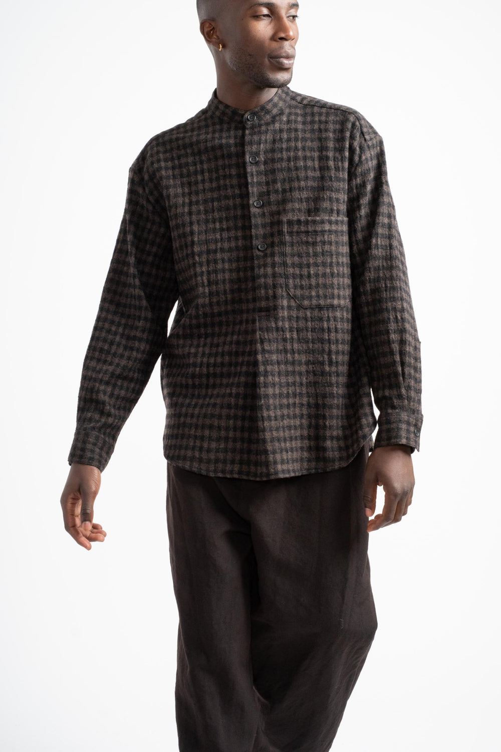 Popover Shirt in Black + Brown Wool Gauze Check