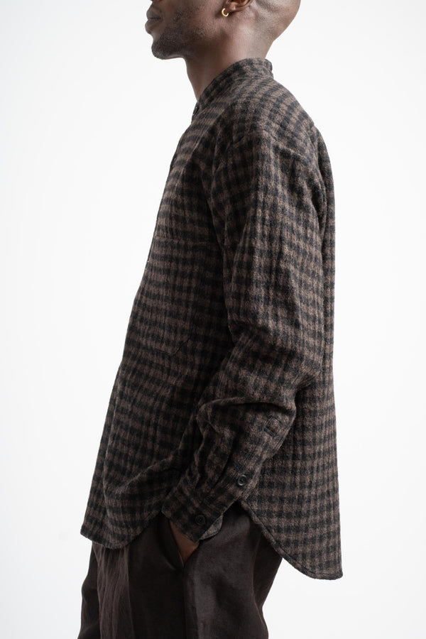 Popover Shirt in Black + Brown Wool Gauze Check