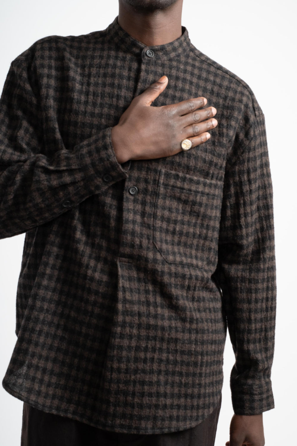 Popover Shirt in Black + Brown Wool Gauze Check