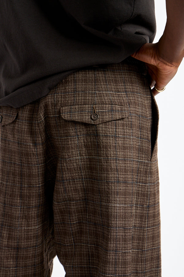 Two Pleat Pant Kasuri Wool Check in Brown, Beige + Navy