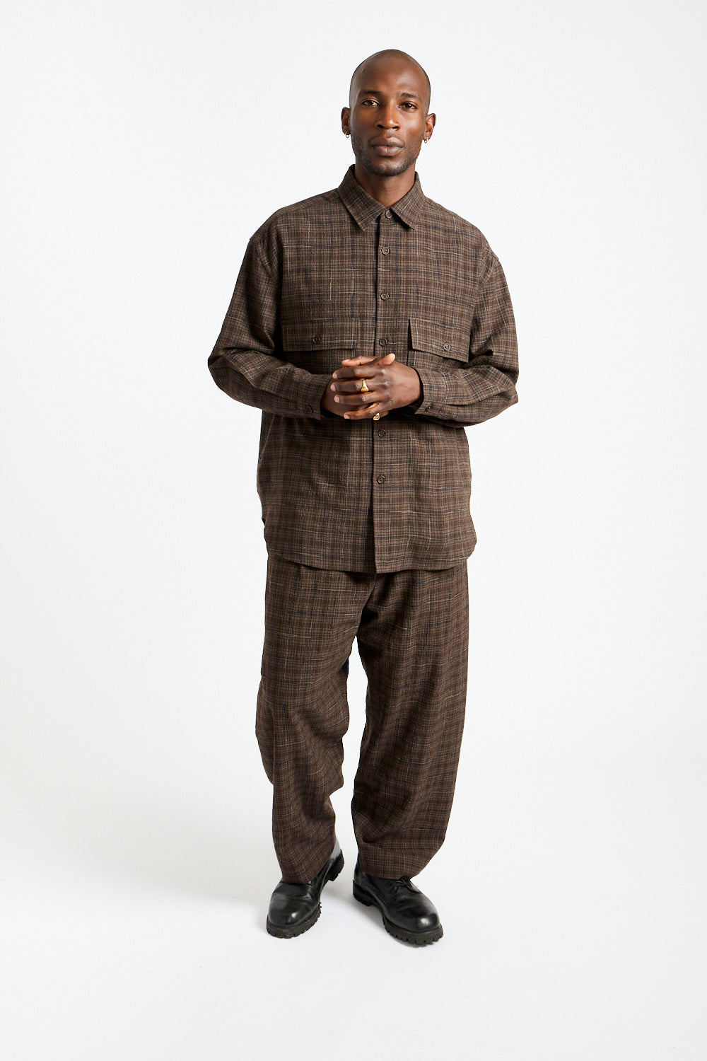 Two Pleat Pant Kasuri Wool Check in Brown, Beige + Navy