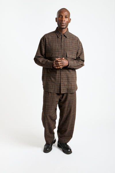 Two Pleat Pant Kasuri Wool Check in Brown, Beige + Navy