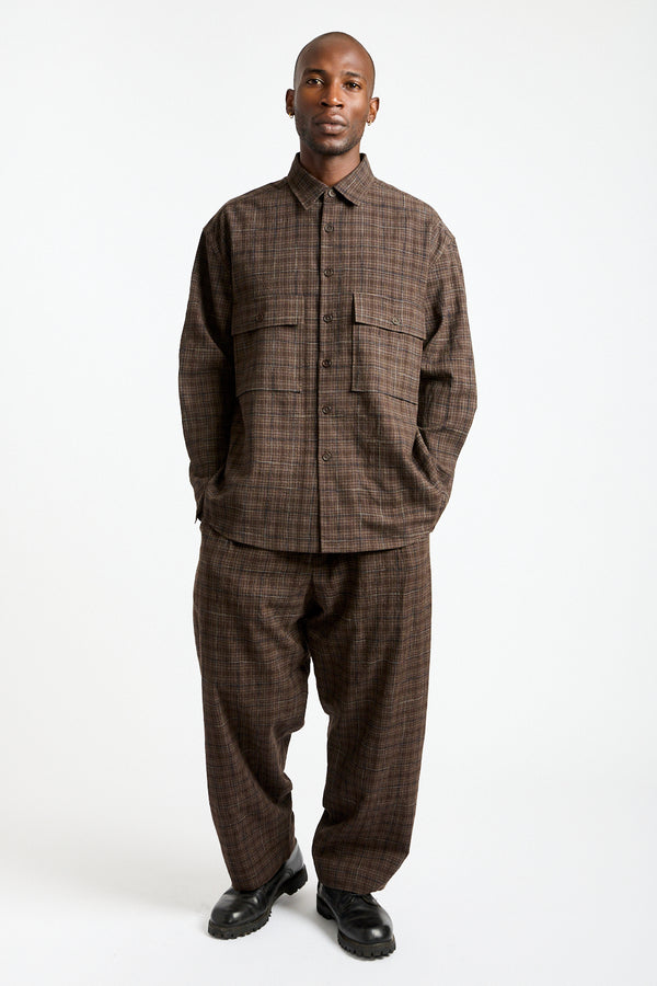 Two Pleat Pant Kasuri Wool Check in Brown, Beige + Navy