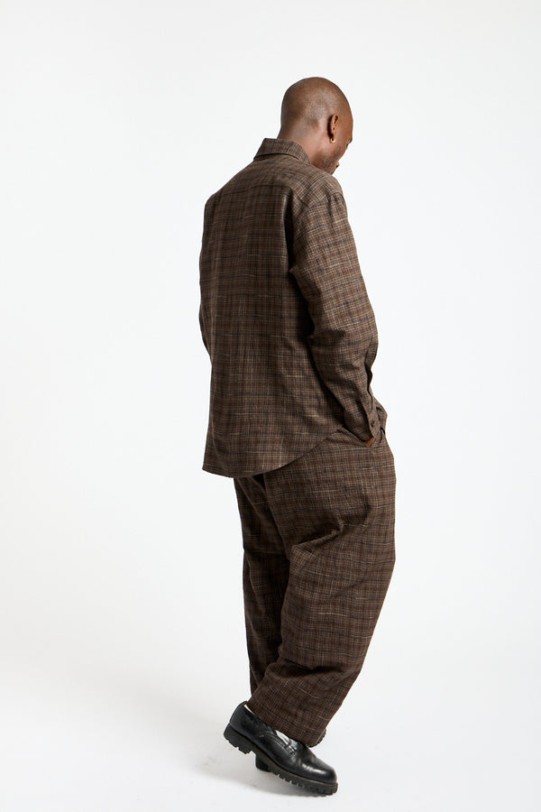 Two Pleat Pant Kasuri Wool Check in Brown, Beige + Navy