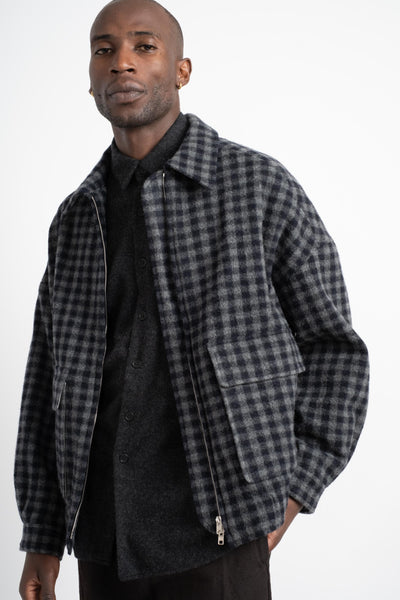 Zip Jacket Two in Brushed Cashmere Navy + Grey Check