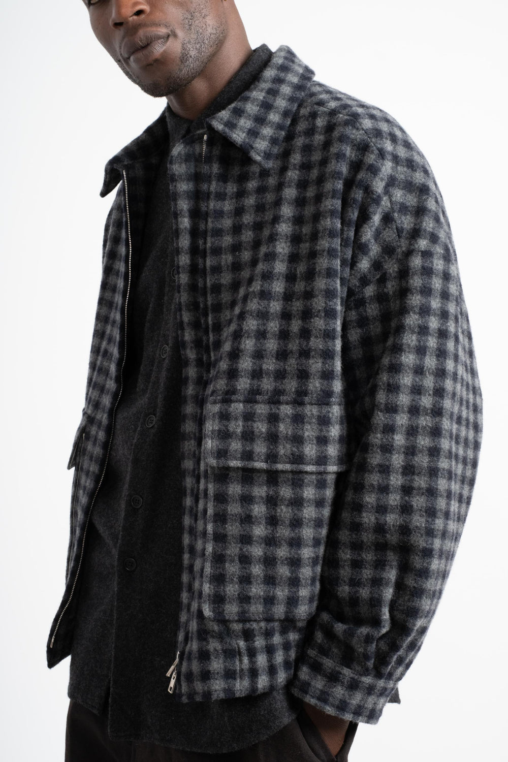 Zip Jacket Two in Brushed Cashmere Navy + Grey Check