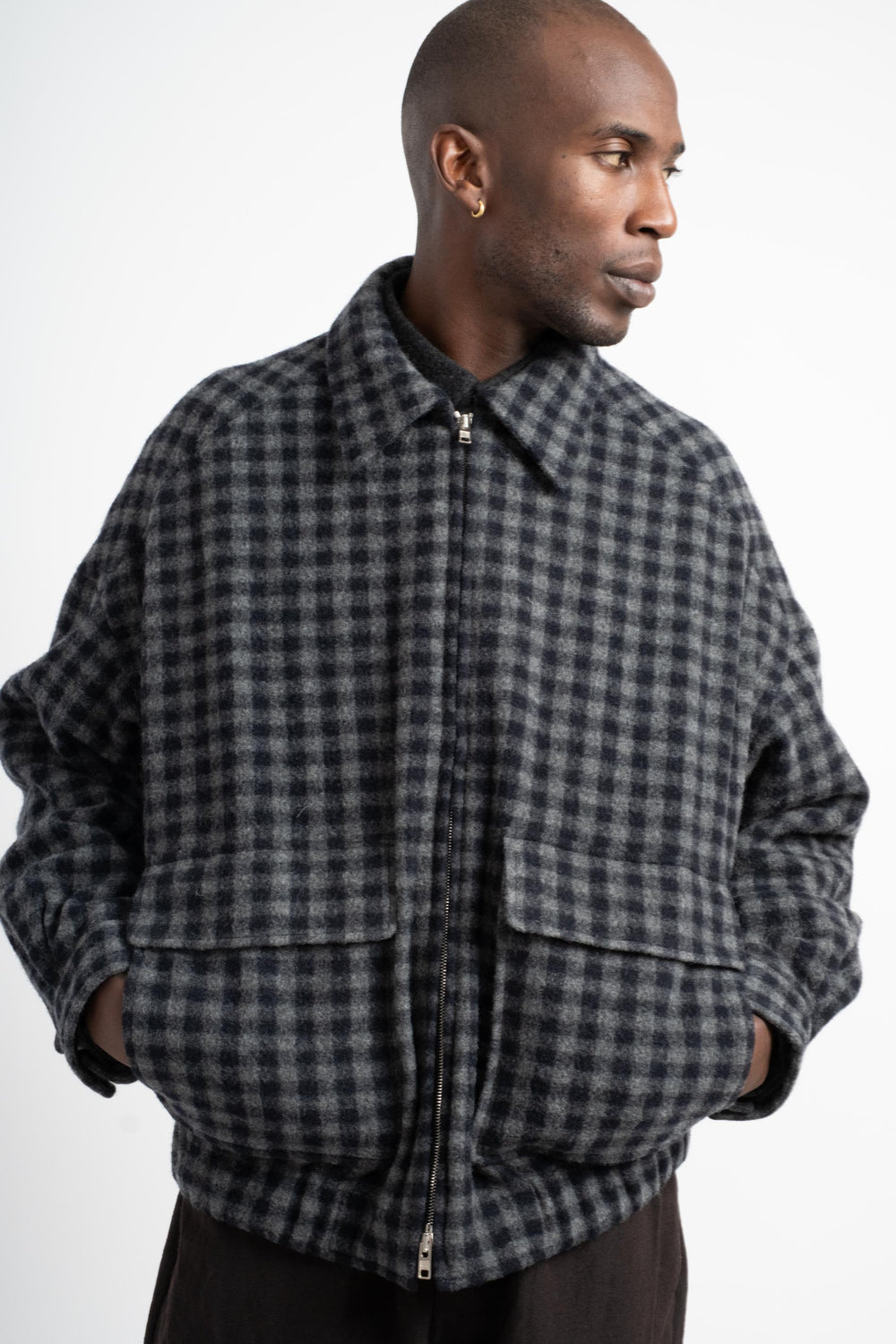 Zip Jacket Two in Brushed Cashmere Navy + Grey Check