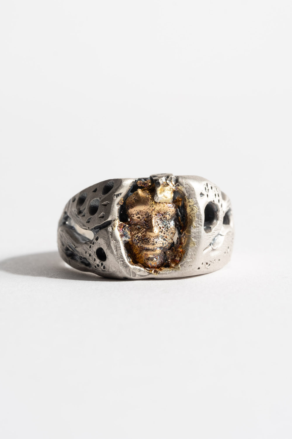 Sterling + 9K Sunken Face Ring