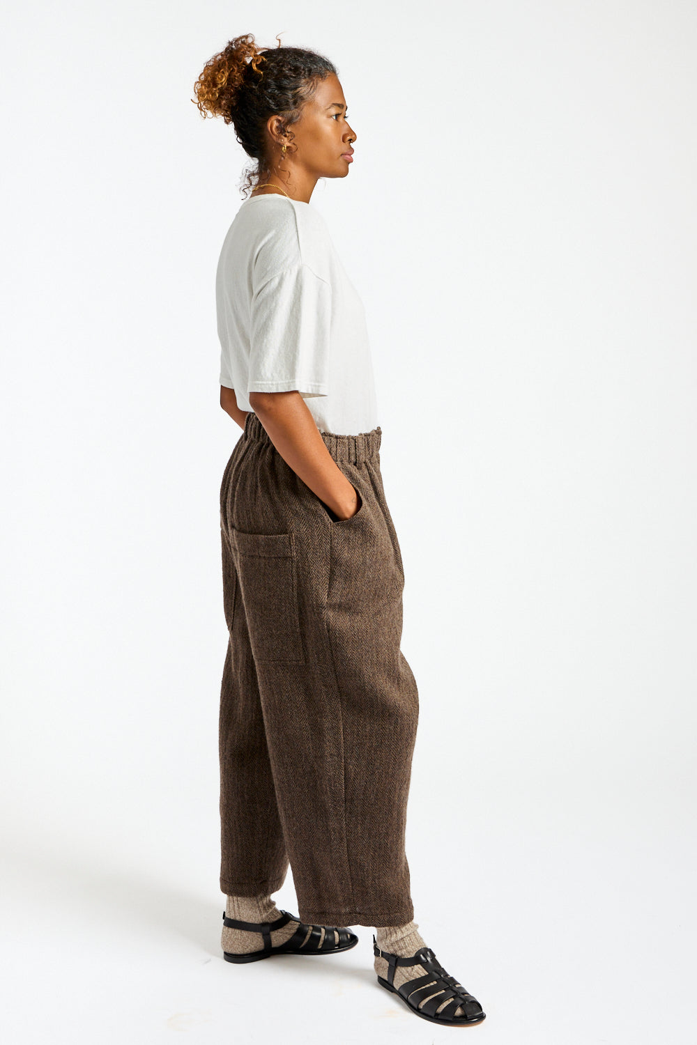 Wool Herringbone Pants in Brown