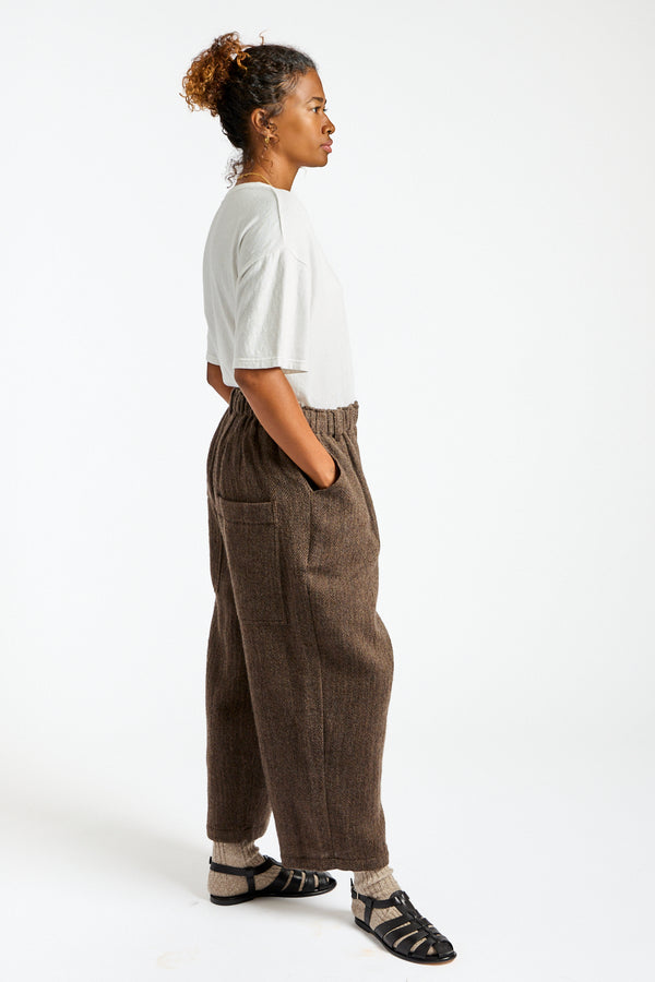 Wool Herringbone Pants in Brown