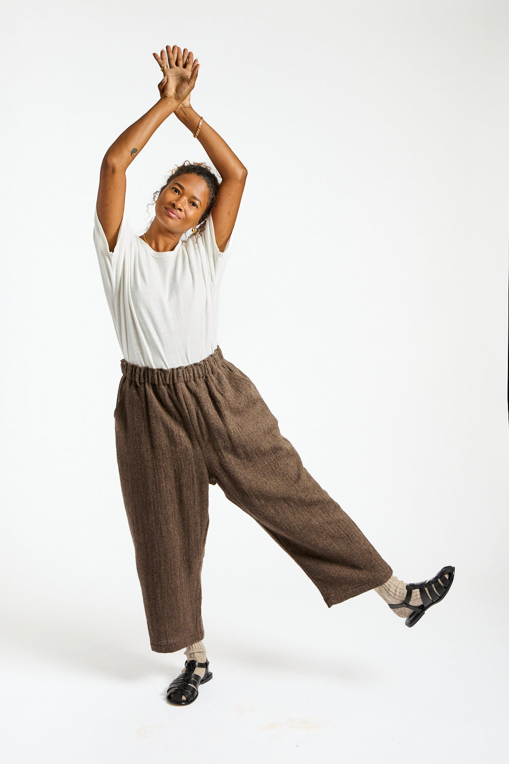 Wool Herringbone Pants in Brown