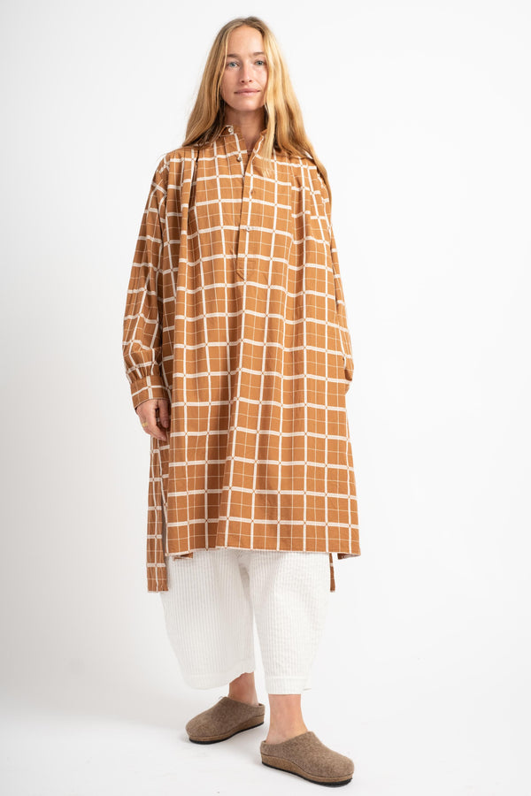 Cotton Dobby Check Pullover Shirt in Brown