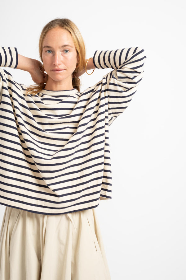 Striped Loose Pullover in Natural + Navy