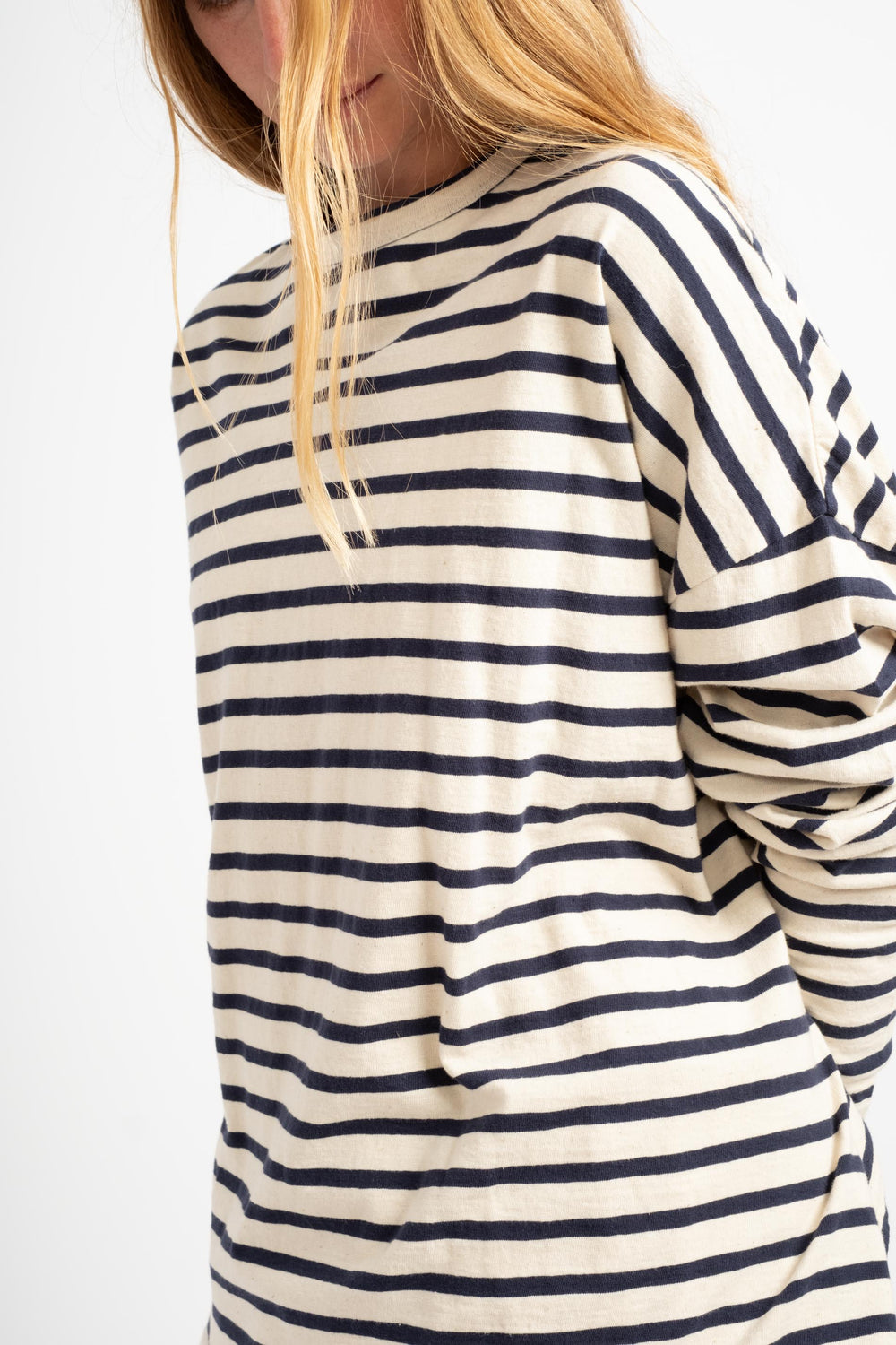 Striped Loose Pullover in Natural + Navy