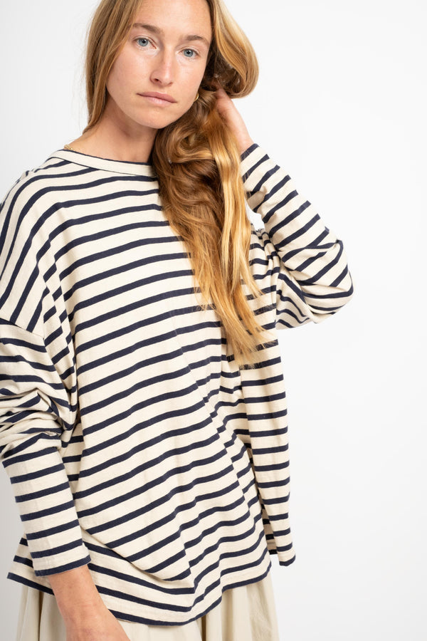 Striped Loose Pullover in Natural + Navy