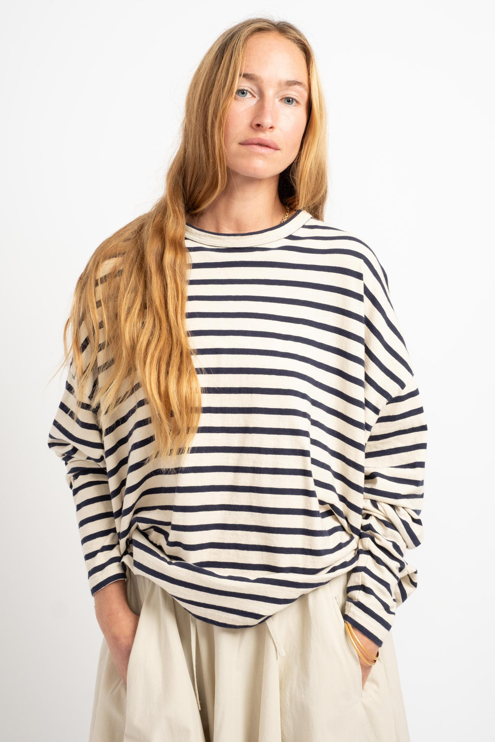 Striped Loose Pullover in Natural + Navy