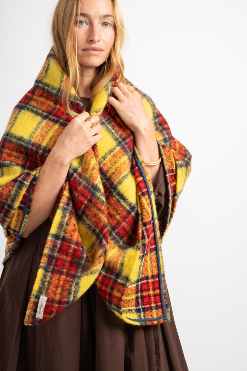 Tartan Wool Shaggy Stole in Yellow