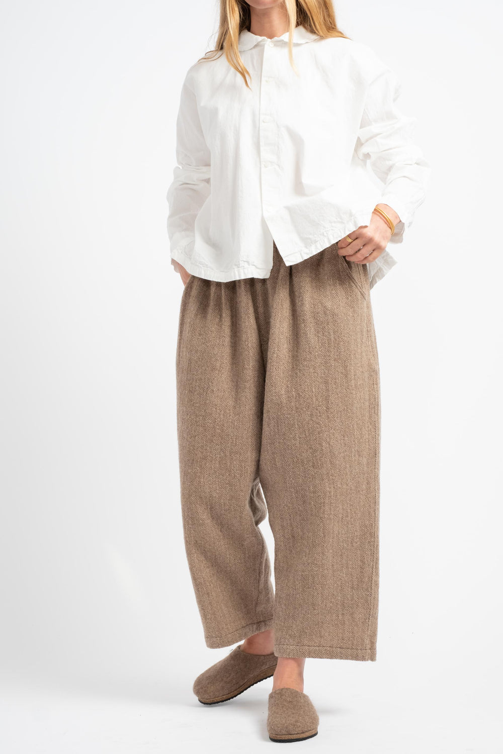 Wool Herringbone Pants in Mocha Beige