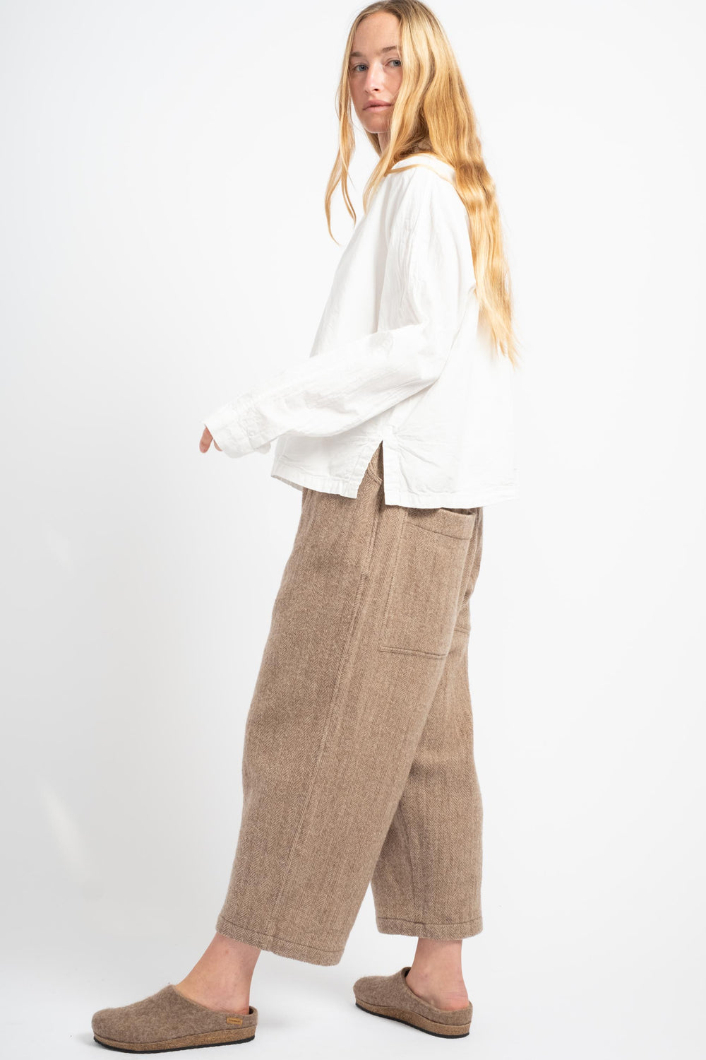 Wool Herringbone Pants in Mocha Beige