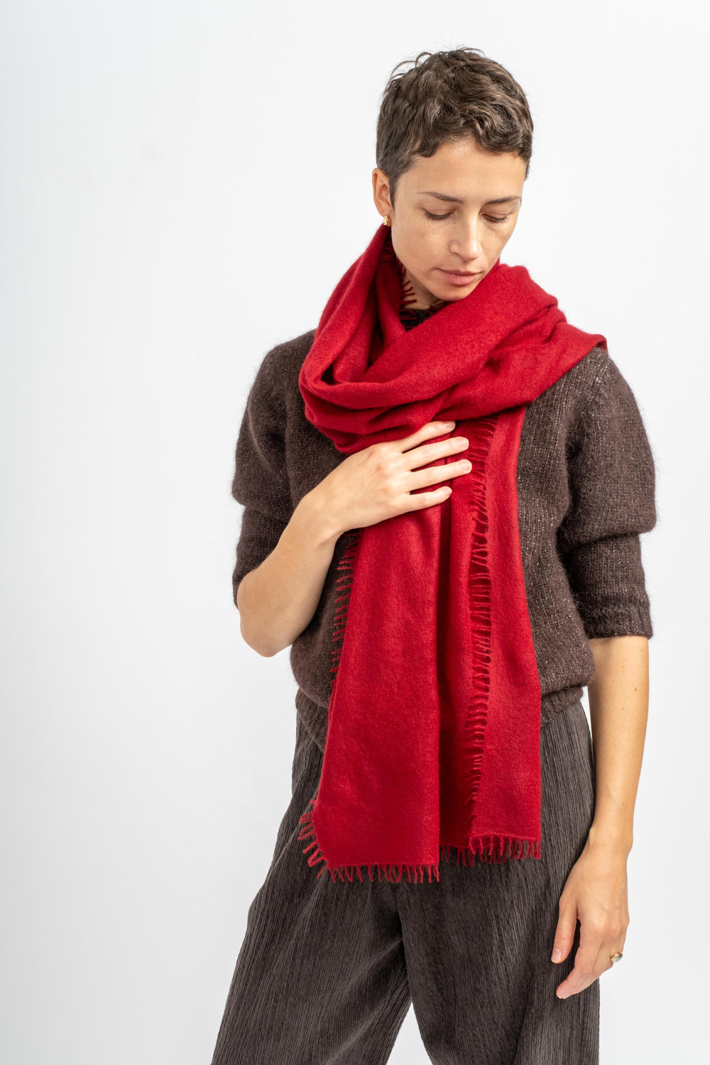 Felted Fringe Shawl in Red Dahlia