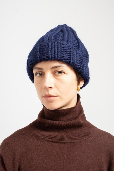 Pure Wool Fold Up Knit Hat in Blue