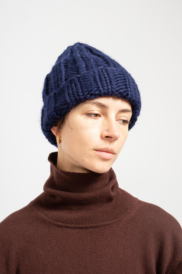 Pure Wool Fold Up Knit Hat in Blue