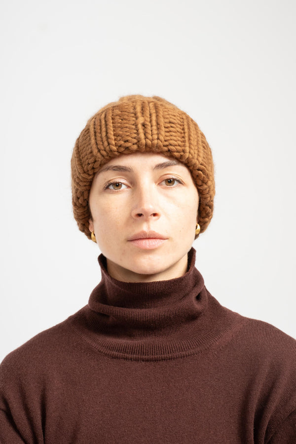 Pure Wool Fold Up Knit Hat in Brown