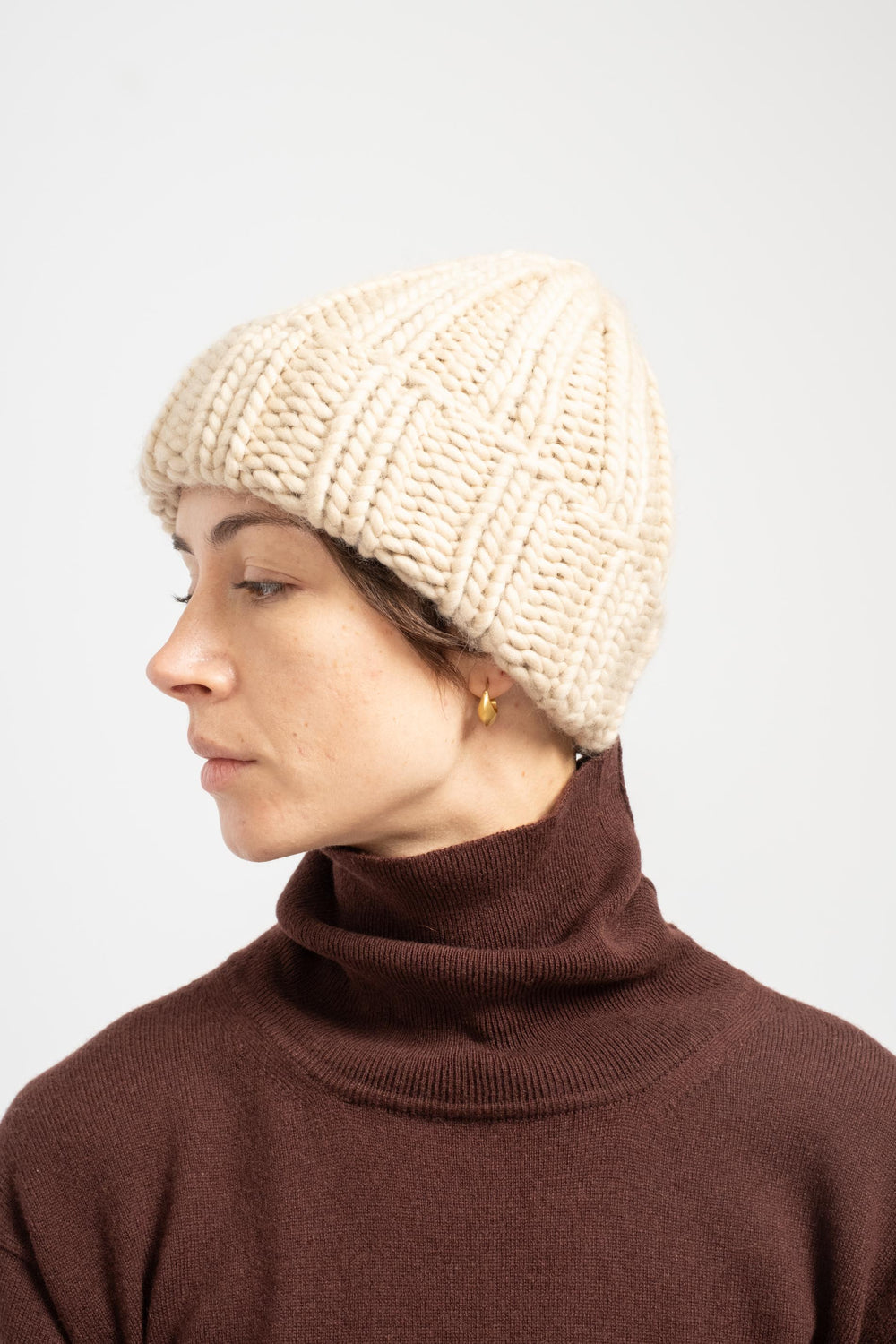 Pure Wool Fold Up Knit Hat in Camel