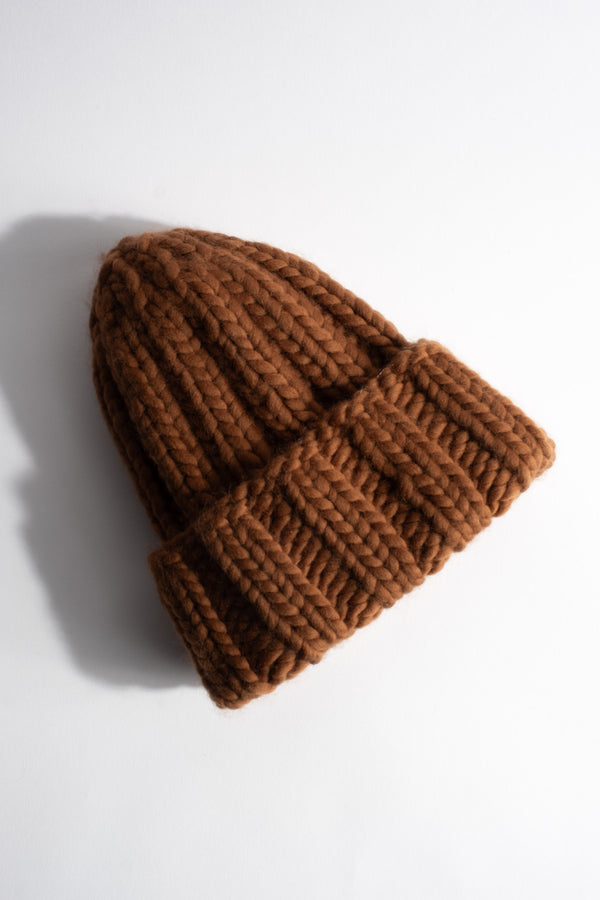 Pure Wool Fold Up Knit Hat in Brown