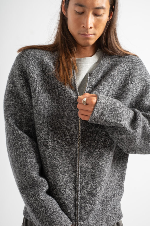 Wool Link Zip Cardigan in Black Twist