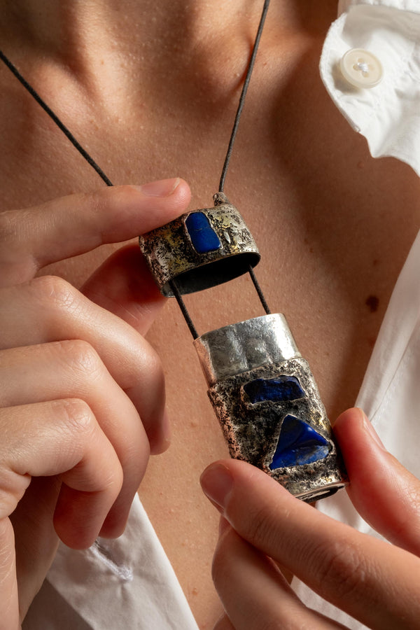 Sterling Lapis Repousse Slider Locket