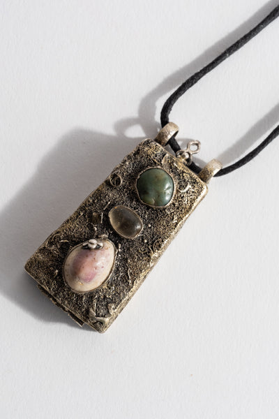 Sterling Repousse Shell, Quartz + Jade Locket