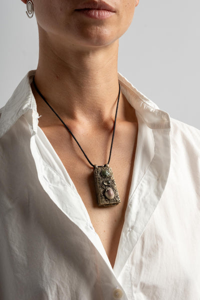 Sterling Repousse Shell, Quartz + Jade Locket