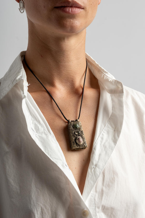 Sterling Repousse Shell, Quartz + Jade Locket