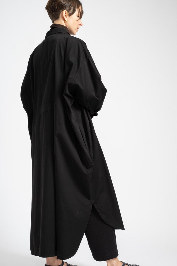 Collared Kaftan Shirt Dress in Black Cotton Twill