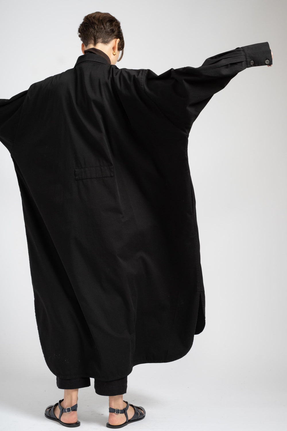 Collared Kaftan Shirt Dress in Black Cotton Twill