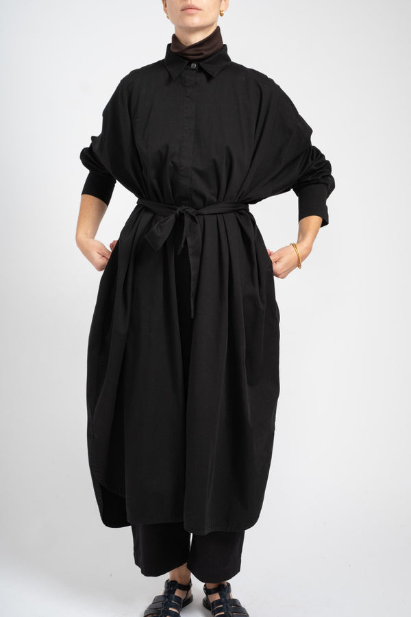 Collared Kaftan Shirt Dress in Black Cotton Twill